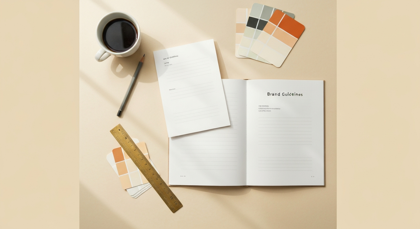 Bone-toned workspace with brand identity work-in-progress, guidelines booklet and colour swatches.