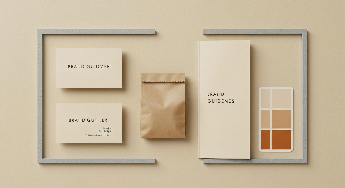 Bone-coloured workspace with a printed brand guidelines PDF and colour swatches for a bakery identity.
